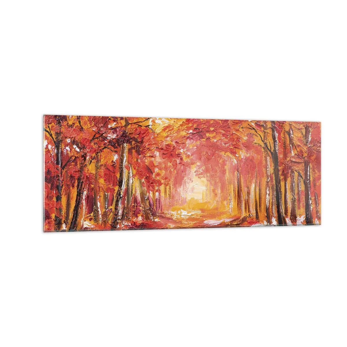 Cuadro sobre vidrio - Impresiones sobre Vidrio - Bosque otoñal en tonos cobre y dorado. - 140x50cm - Bosque de cobre - Decoración de pared moderna para salón y dormitorio ARTTOR