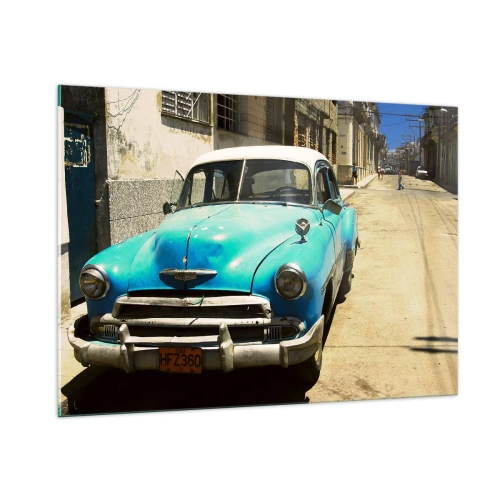 Cuadro sobre vidrio - Impresiones sobre Vidrio - Coche azul antiguo en la calle bajo el sol - 100x70cm - ¡Viva Cuba! - Decoración de pared moderna para salón y dormitorio ARTTOR