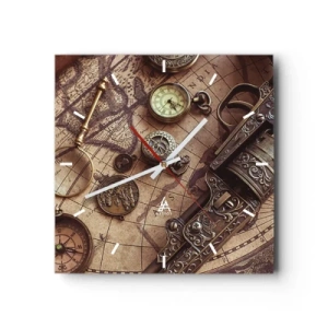 Reloj de pared - Reloj de vidrio - Objetos antiguos en un mapa antiguo en estilo retro. - 30x30cm - La aventura llama - Decoración de pared moderna para salón y dormitorio ARTTOR
