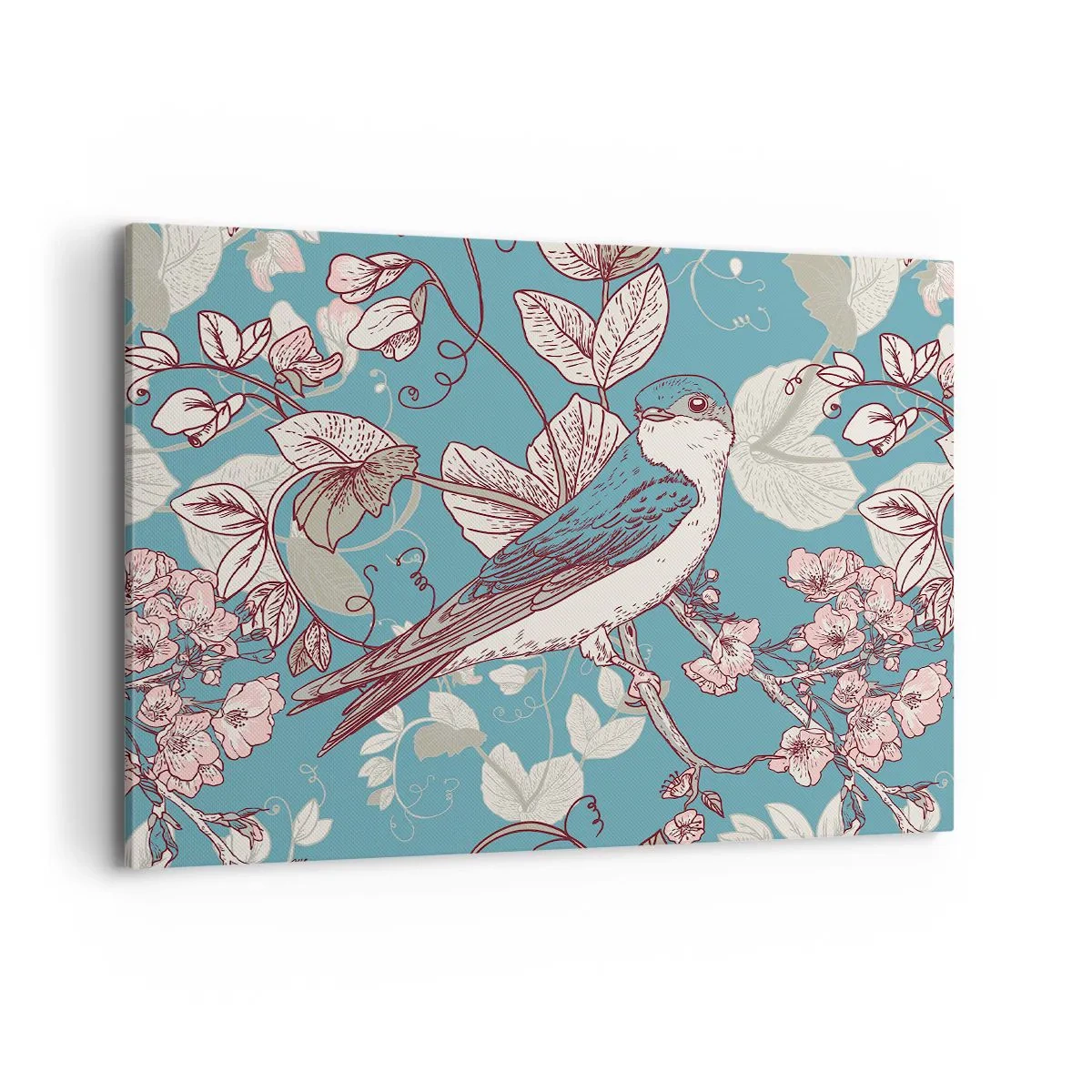 Cuadro sobre lienzo - Impresión de Imagen - Un pájaro en una rama en un delicado estilo floral. - 100x70cm - En el cerezo - Decoración de pared moderna para salón y dormitorio ARTTOR