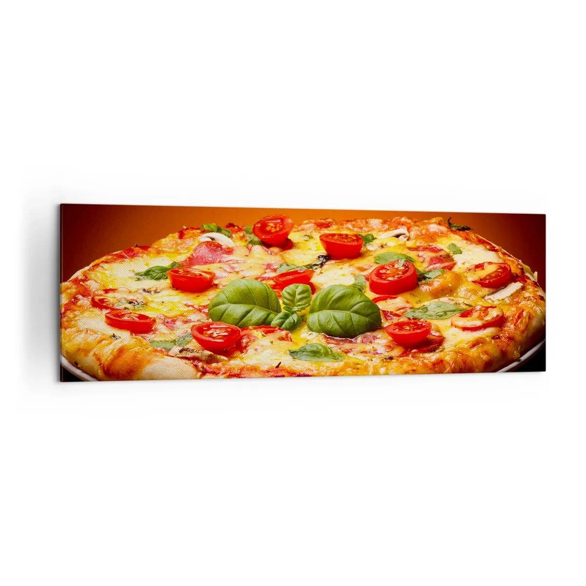 Cuadro sobre lienzo - Impresión de Imagen - Pizza con tomates y albahaca sobre una mesa de madera. - 160x50cm - ¡Mamma mia! - Decoración de pared moderna para salón y dormitorio ARTTOR