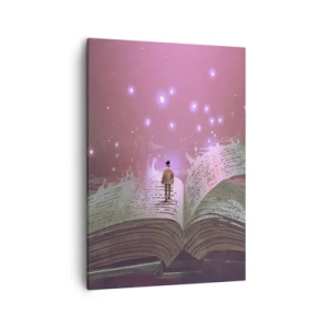 Cuadro sobre lienzo - Impresión de Imagen - Una figura pisa un libro abierto bajo una luz mágica. - 50x70cm - Una invitación a otro mundo - Decoración de pared moderna para salón y dormitorio ARTTOR