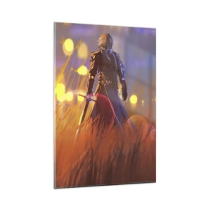 Cuadro sobre vidrio - Impresiones sobre Vidrio - La figura de un caballero a la luz del sol poniente en un campo. - 80x120cm - El caballero equivocado - Decoración de pared moderna para salón y dormitorio ARTTOR
