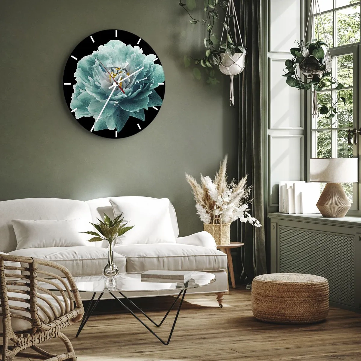 Reloj de pared - Reloj de vidrio - Pétalos azules y dorados - 30x30 cm