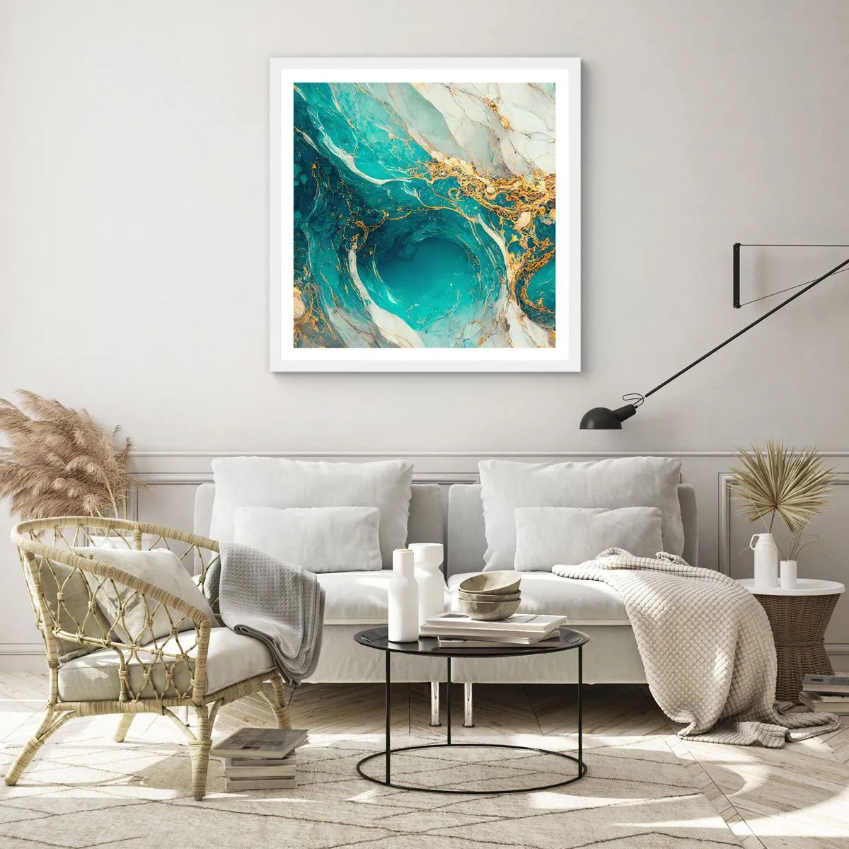 Póster en marco blanco - Composición con vetas de oro - 50x50 cm
