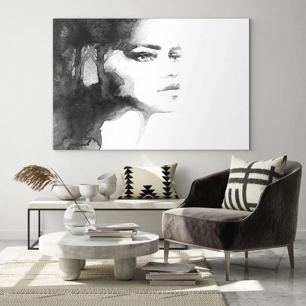 Cuadro sobre vidrio - Impresiones sobre Vidrio - Retrato en acuarela en blanco y negro de una mujer - 120x80cm - Hecho de misterio y niebla - Decoración de pared moderna para salón y dormitorio ARTTOR