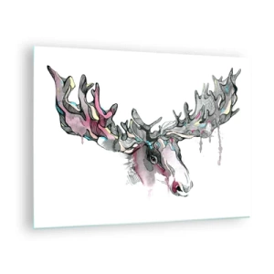 Cuadro sobre vidrio - Impresiones sobre Vidrio - Acuarela colorida de un alce con astas extensas. - 70x50cm - La corona del rey del bosque - Decoración de pared moderna para salón y dormitorio ARTTOR