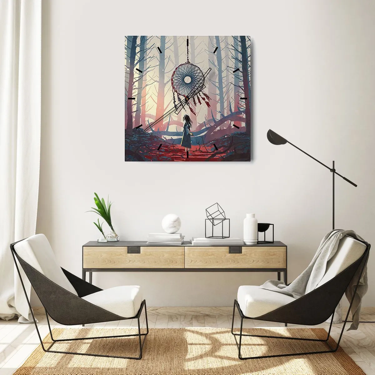 Reloj de pared - Reloj de vidrio - Escena de bosque con un atrapasueños gigante. - 30x30cm - El ritual secreto de la felicidad - Decoración de pared moderna para salón y dormitorio ARTTOR