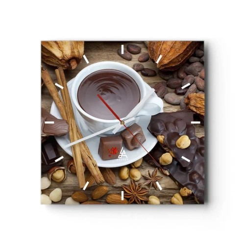Reloj de pared - Reloj de vidrio - Una taza de chocolate caliente rodeada de ingredientes de postre. - 30x30cm - Chocolate de ensueño - Decoración de pared moderna para salón y dormitorio ARTTOR
