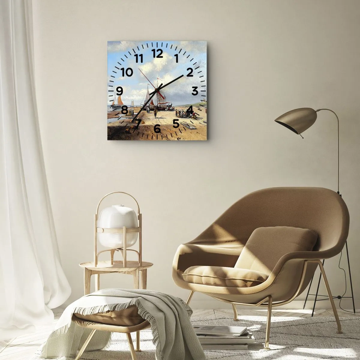 Reloj de pared - Reloj de vidrio - Barcos de pesca en la playa con figuras humanas - 30x30cm - Después de una pesca exitosa - Decoración de pared moderna para salón y dormitorio ARTTOR