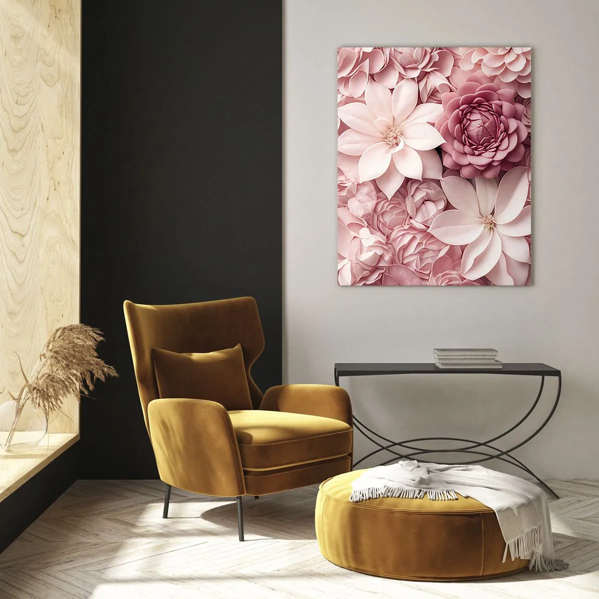 Cuadro sobre vidrio - Impresiones sobre Vidrio - Delicadas flores rosas en una composición llena de pétalos. - 50x70cm - Entre pétalos rosas - Decoración de pared moderna para salón y dormitorio ARTTOR