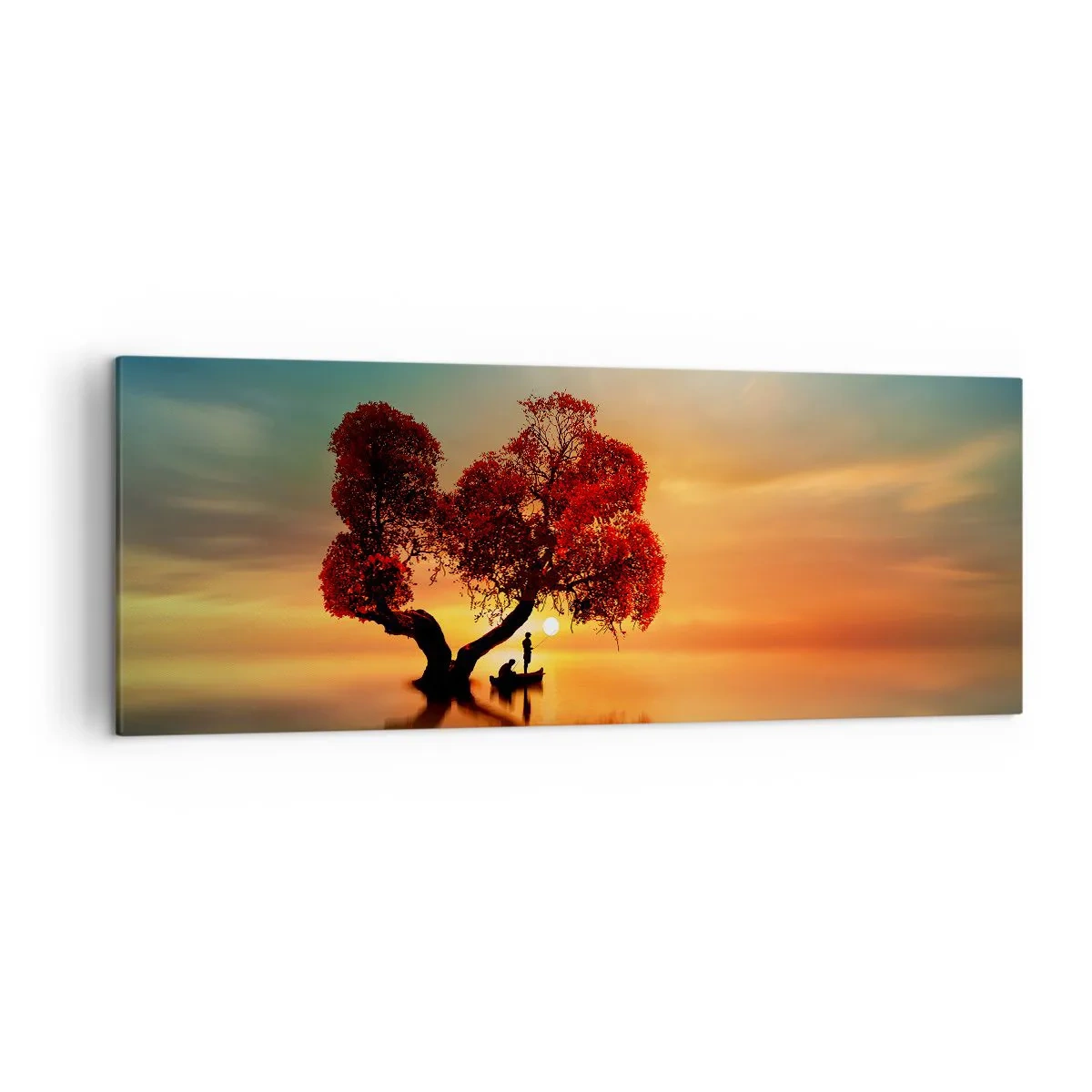 Cuadro sobre lienzo - Impresión de Imagen - Un árbol de hojas rojas y un barco en el agua al atardecer. - 140x50cm - La lejanía y el silencio del mundo - Decoración de pared moderna para salón y dormitorio ARTTOR