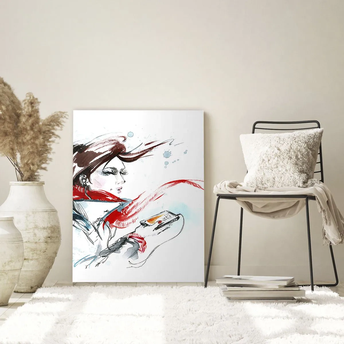 Cuadro sobre vidrio - Impresiones sobre Vidrio - Una mujer con un pañuelo rojo con detalles dinámicos y esquemáticos. - 50x70cm - Algo suena dentro de mí - Decoración de pared moderna para salón y dormitorio ARTTOR