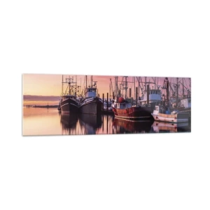 Cuadro sobre vidrio - Impresiones sobre Vidrio - Barcos de pesca en el puerto al atardecer - 160x50cm - Descanso antes de partir - Decoración de pared moderna para salón y dormitorio ARTTOR