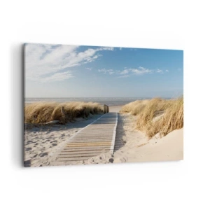 Cuadro sobre lienzo - Impresión de Imagen - Un camino de madera conduce a través de las dunas hasta el mar en calma. - 100x70cm - Más allá de la duna, en el susurro de la naturaleza - Decoración de pared moderna para salón y dormitorio ARTTOR