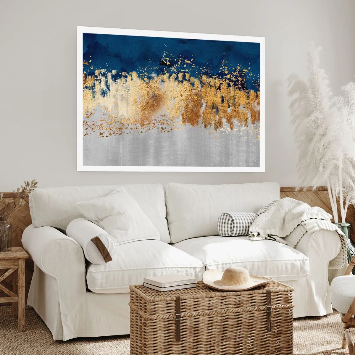 Póster - Una composición abstracta en tonos dorados y azul marino. - 100x70cm - Composición moderna con chispas - Decoración de pared moderna para salón y dormitorio ARTTOR
