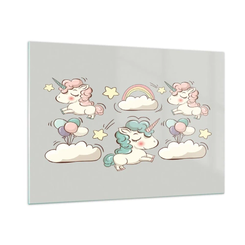 Cuadro sobre vidrio - Impresiones sobre Vidrio - Lindos unicornios en las nubes con un arcoíris y globos. - 100x70cm - Estoy seguro de que existen - Decoración de pared moderna para salón y dormitorio ARTTOR
