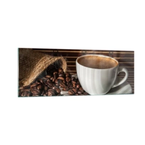 Cuadro sobre vidrio - Impresiones sobre Vidrio - Una taza de café con granos sobre un fondo de bambú. - 140x50cm - La negrura del carbón, la transparencia del ámbar - Decoración de pared moderna para salón y dormitorio ARTTOR