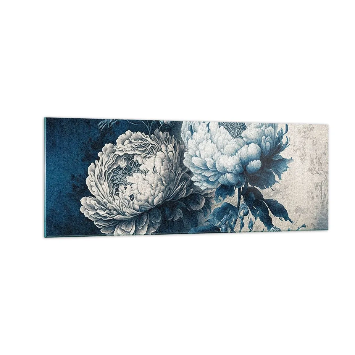 Cuadro sobre vidrio - Impresiones sobre Vidrio - Peonías azules sobre un fondo sutil con un patrón delicado. - 140x50cm - Una pareja unida - Decoración de pared moderna para salón y dormitorio ARTTOR