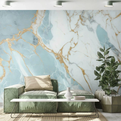 Fotomural Premium Sand - Patrón de mármol en azul y blanco con acentos dorados. - 100x70cm - Riqueza en la piedra - Decoración de pared moderna para salón y dormitorio ARTTOR