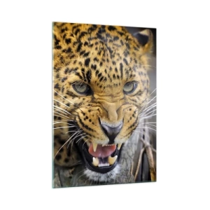 Cuadro sobre vidrio - Impresiones sobre Vidrio - Primer plano de un leopardo agresivo con detalles claros. - 50x70cm - ¡Atrás, te lo advierto! - Decoración de pared moderna para salón y dormitorio ARTTOR