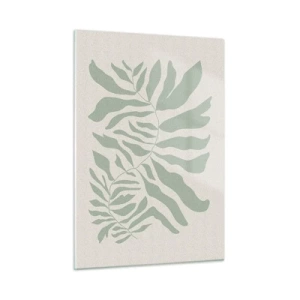 Cuadro sobre vidrio - Impresiones sobre Vidrio - Una rama esmeralda con formas orgánicas sobre un fondo claro. - 50x70cm - Rama esmeralda - Decoración de pared moderna para salón y dormitorio ARTTOR