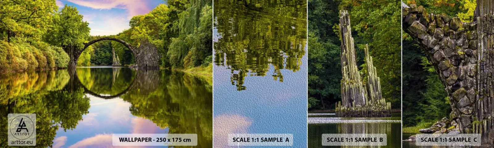 Muestra de fotomural Premium Sand - En el punto de encuentro de dos mundos - Paisaje, Río, Puente - 100x30 cm