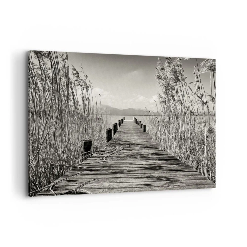 Cuadro sobre lienzo - Impresión de Imagen - Un embarcadero de madera entre hierbas altas sobre un lago de tonos sepia. - 100x70cm - En la quietud de los juncos - Decoración de pared moderna para salón y dormitorio ARTTOR