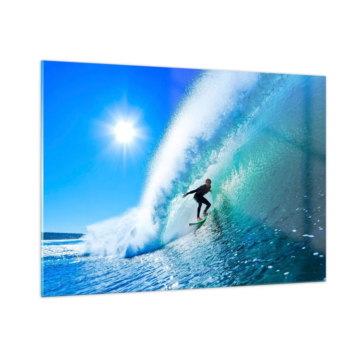 Cuadro sobre vidrio - Impresiones sobre Vidrio - Surfista en una ola en un día soleado - 100x70cm - A través de la gran ola - Decoración de pared moderna para salón y dormitorio ARTTOR