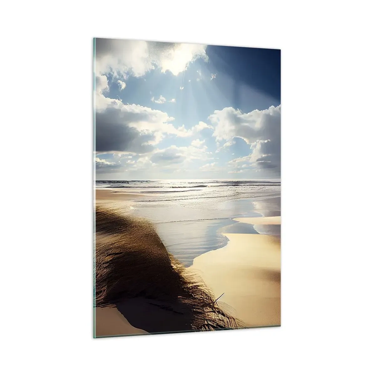 Cuadro sobre vidrio - Impresiones sobre Vidrio - Una playa salvaje iluminada por los rayos del sol debajo de las nubes. - 50x70cm - Playa, playa salvaje - Decoración de pared moderna para salón y dormitorio ARTTOR