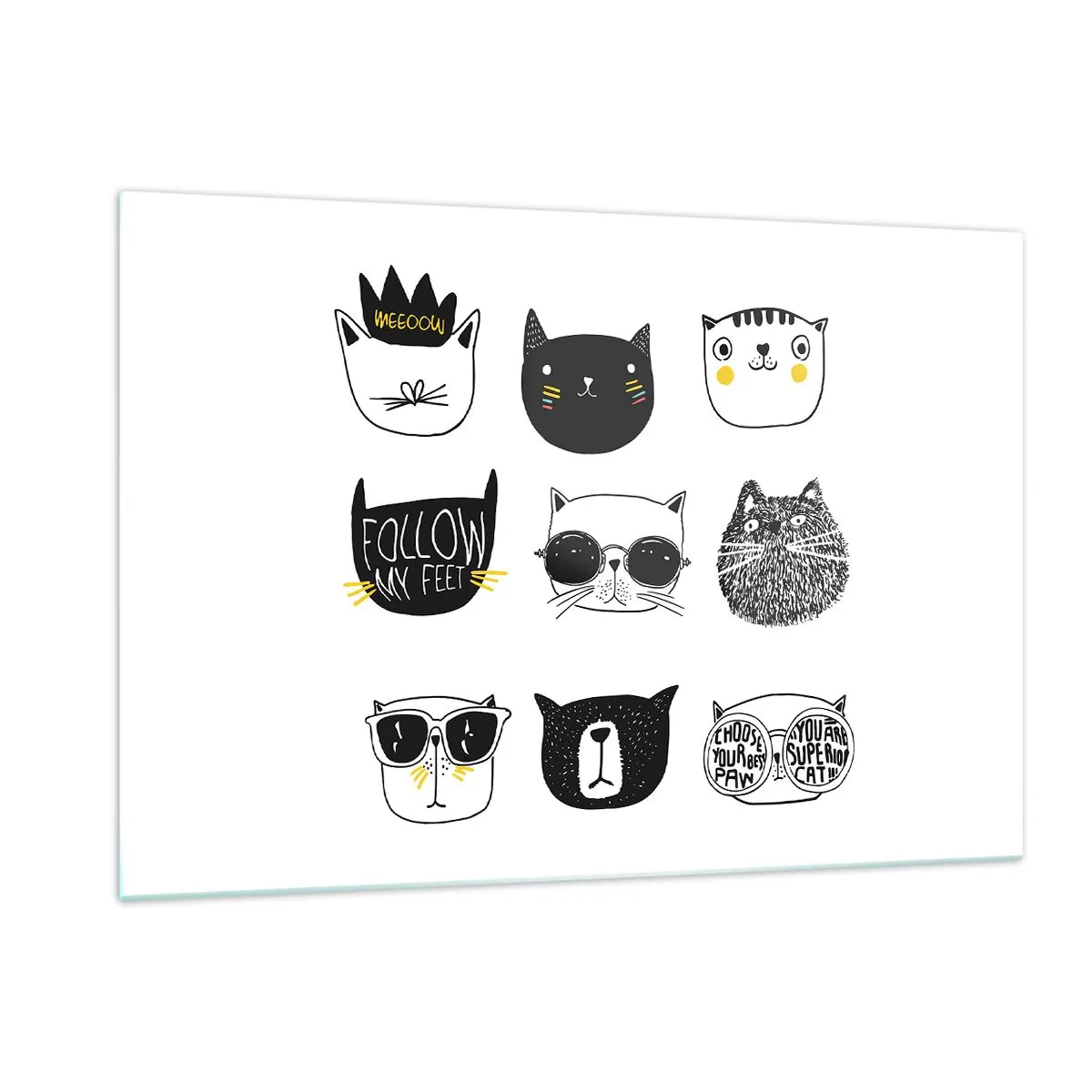 Cuadro sobre vidrio - Impresiones sobre Vidrio - Ilustraciones de adorables gatos en estilo minimalista. - 120x80cm - Cada uno diferente - Decoración de pared moderna para salón y dormitorio ARTTOR