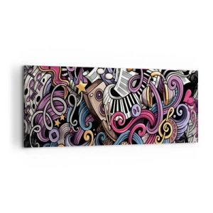 Cuadro sobre lienzo - Impresión de Imagen - Una abstracción musical llena de instrumentos y notas coloridas. - 120x50cm - Una melodía complicada - Decoración de pared moderna para salón y dormitorio ARTTOR