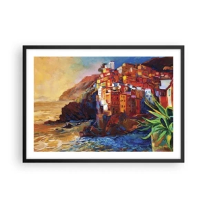 Póster en marco negro - Casas de colores en un acantilado sobre el mar - 70x50cm - Ambiente italiano - Decoración de pared moderna para salón y dormitorio ARTTOR