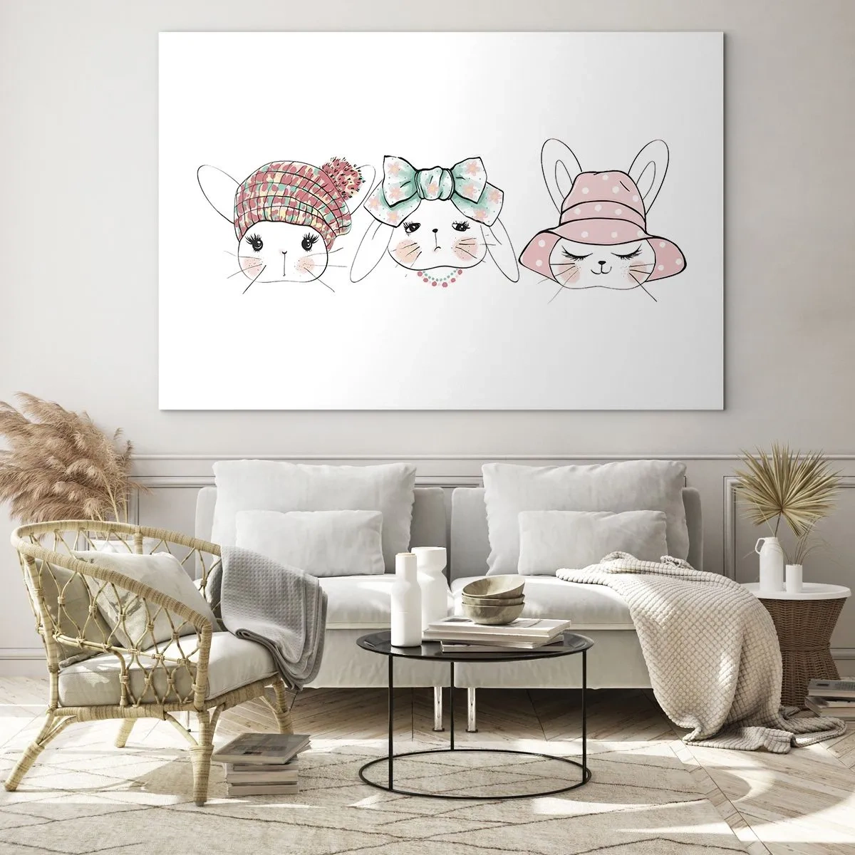 Cuadro sobre vidrio - Impresiones sobre Vidrio - Lindos conejitos con sombreros y lazos - 100x70cm - Reflexión, tristeza, alegría - Decoración de pared moderna para salón y dormitorio ARTTOR
