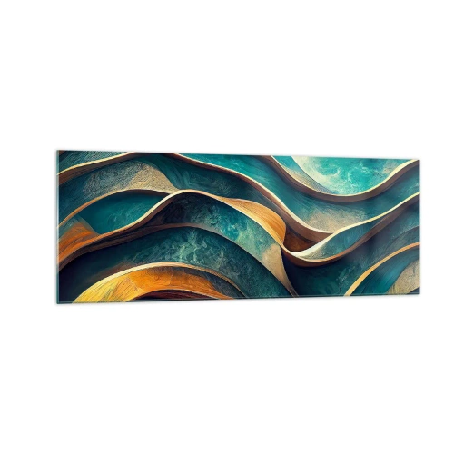 Cuadro sobre vidrio - Impresiones sobre Vidrio - Ondas abstractas en tonos turquesa y dorado - 140x50cm - Meandros de azul - Decoración de pared moderna para salón y dormitorio ARTTOR