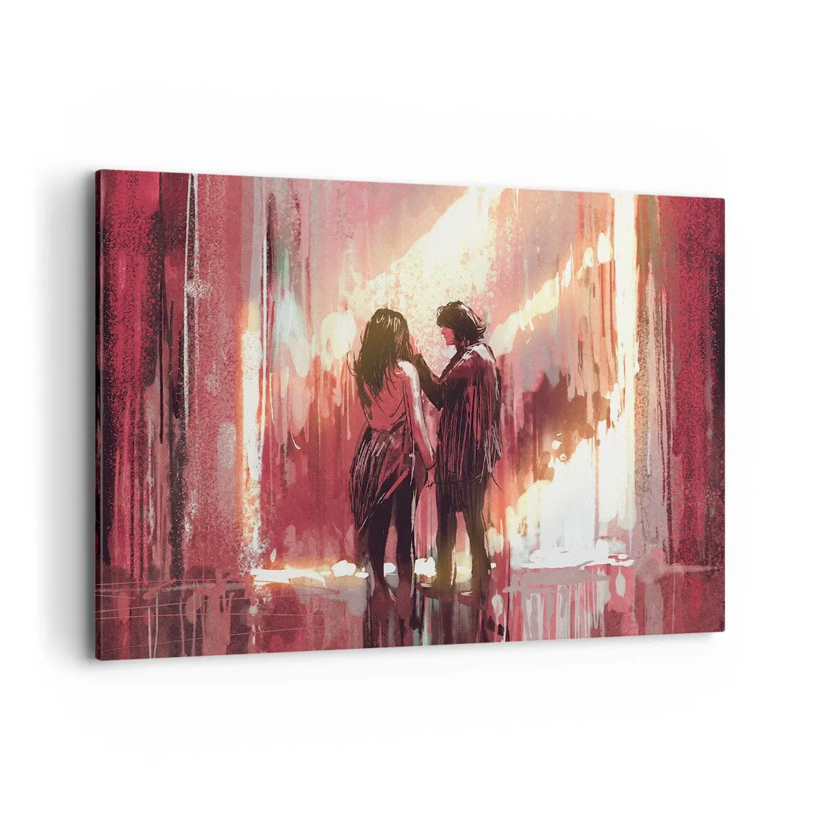 Cuadro sobre lienzo - Impresión de Imagen - Una pareja de pie bajo una luz cálida contra un fondo de patrones abstractos. - 120x80cm - El eterno espectáculo del amor - Decoración de pared moderna para salón y dormitorio ARTTOR