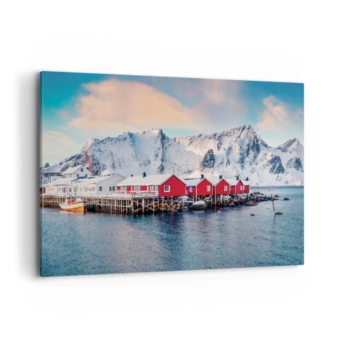 Cuadro sobre lienzo - Impresión de Imagen - Casas rojas con el telón de fondo de montañas nevadas y el mar azul. - 120x80cm - Un retiro en el norte - Decoración de pared moderna para salón y dormitorio ARTTOR