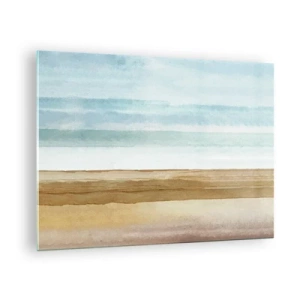 Cuadro sobre vidrio - Impresiones sobre Vidrio - Una playa minimalista en estilo acuarela pastel. - 70x50cm - Serenidad - Decoración de pared moderna para salón y dormitorio ARTTOR