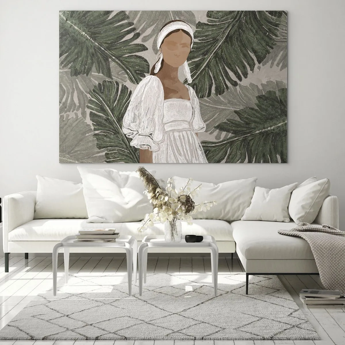 Cuadro sobre vidrio - Impresiones sobre Vidrio - Una mujer con un vestido blanco sobre un fondo de hojas tropicales verdes. - 70x50cm - Retrato exótico - Decoración de pared moderna para salón y dormitorio ARTTOR