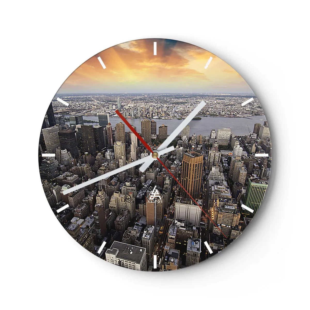 Reloj de pared - Reloj de vidrio - Panorama de la ciudad con altos rascacielos al atardecer - 30x30cm - El corazón palpitante de nuestro tiempo - Decoración de pared moderna para salón, cocina y dormitorio ARTTOR