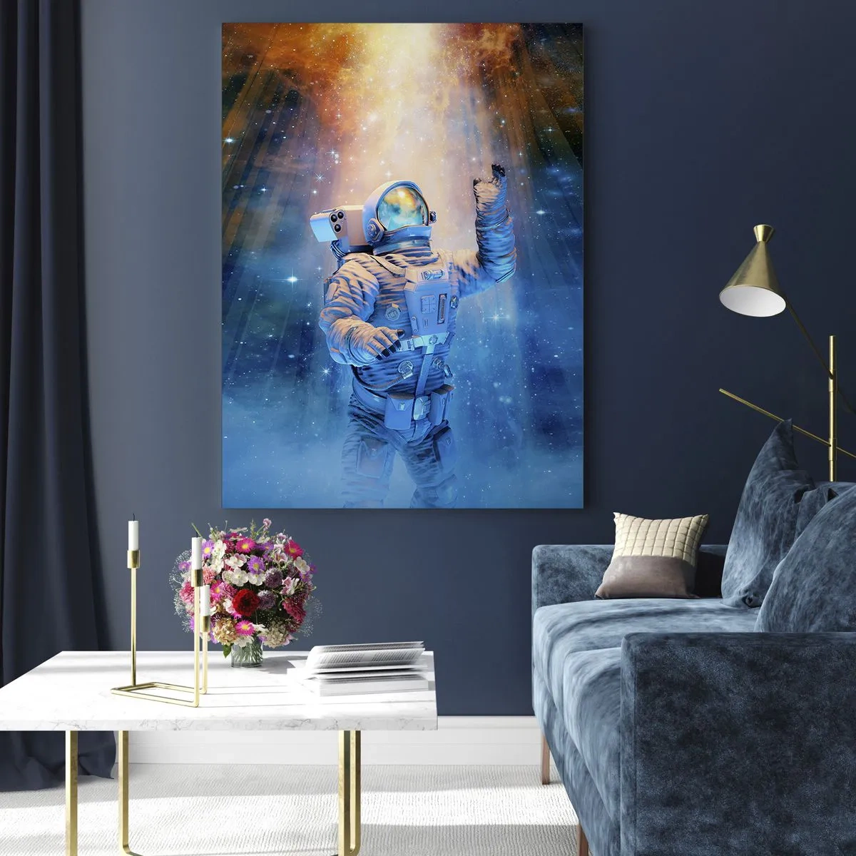 Cuadro sobre vidrio - Impresiones sobre Vidrio - Astronauta a la luz de una explosión cósmica llena de estrellas - 80x120cm - El descubrimiento - Decoración de pared moderna para salón y dormitorio ARTTOR