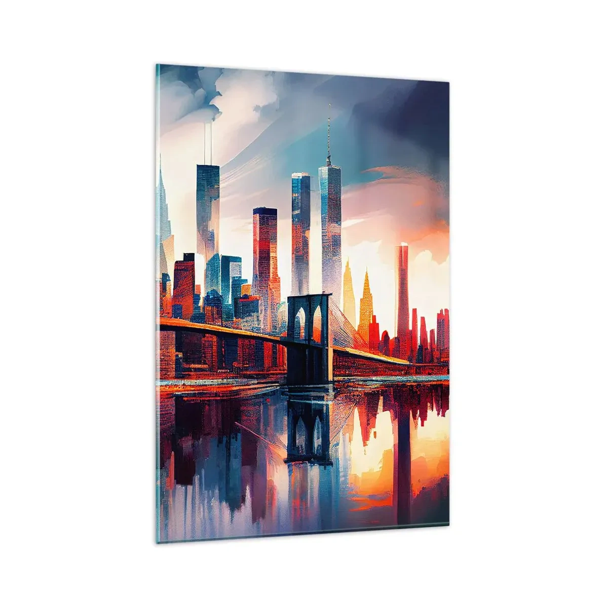 Cuadro sobre vidrio - Impresiones sobre Vidrio - Panorama de la ciudad de Nueva York con puente y reflejo en el agua - 80x120cm - Nueva York siempre luce - Decoración de pared moderna para salón y dormitorio ARTTOR