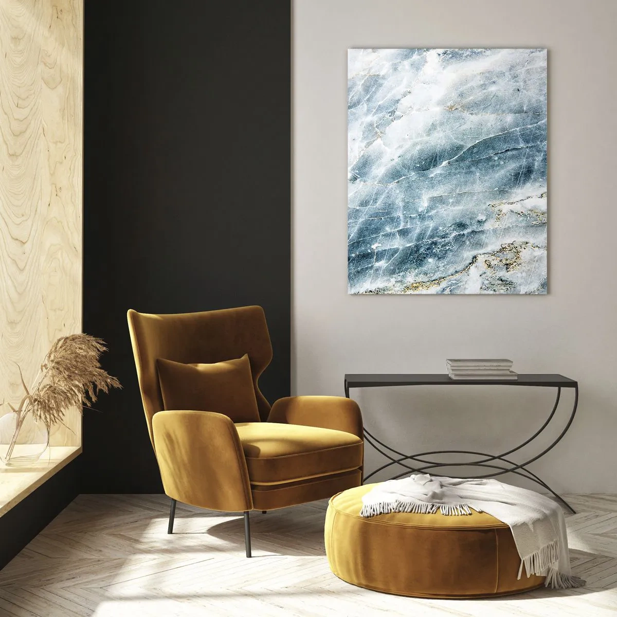 Cuadro sobre vidrio - Impresiones sobre Vidrio - Textura abstracta de mármol de hielo en tonos azules y blancos. - 50x70cm - El mundo de hielo - Decoración de pared moderna para salón y dormitorio ARTTOR