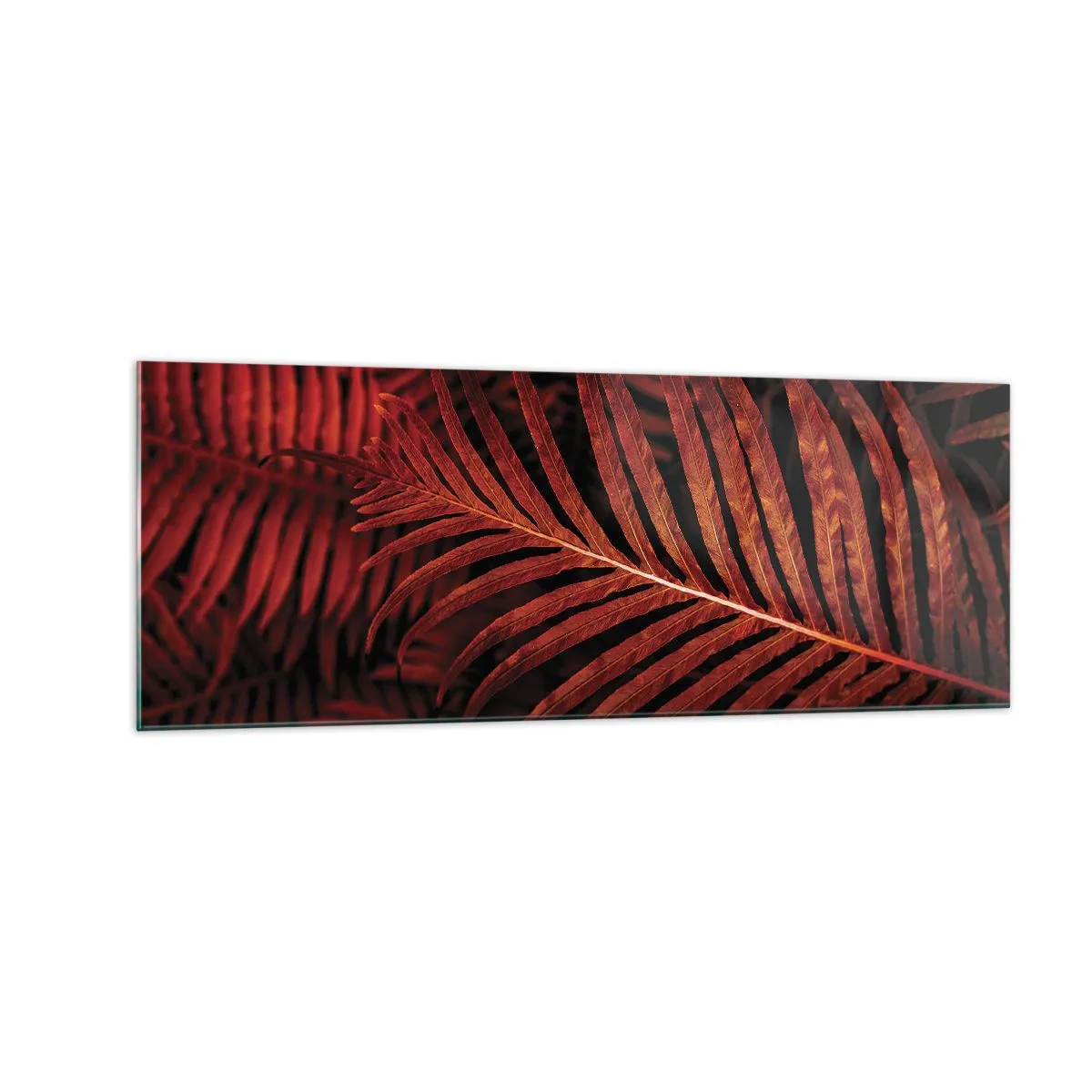 Cuadro sobre vidrio - Impresiones sobre Vidrio - Primer plano de hojas tropicales rojas - 140x50cm - Las brasas de la vida - Decoración de pared moderna para salón y dormitorio ARTTOR