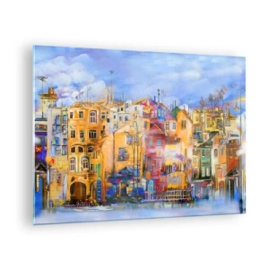 Cuadro sobre vidrio - Impresiones sobre Vidrio - Casas de vecindad coloridas en un entorno urbano artístico - 70x50cm - Estamos juntos - Decoración de pared moderna para salón y dormitorio ARTTOR