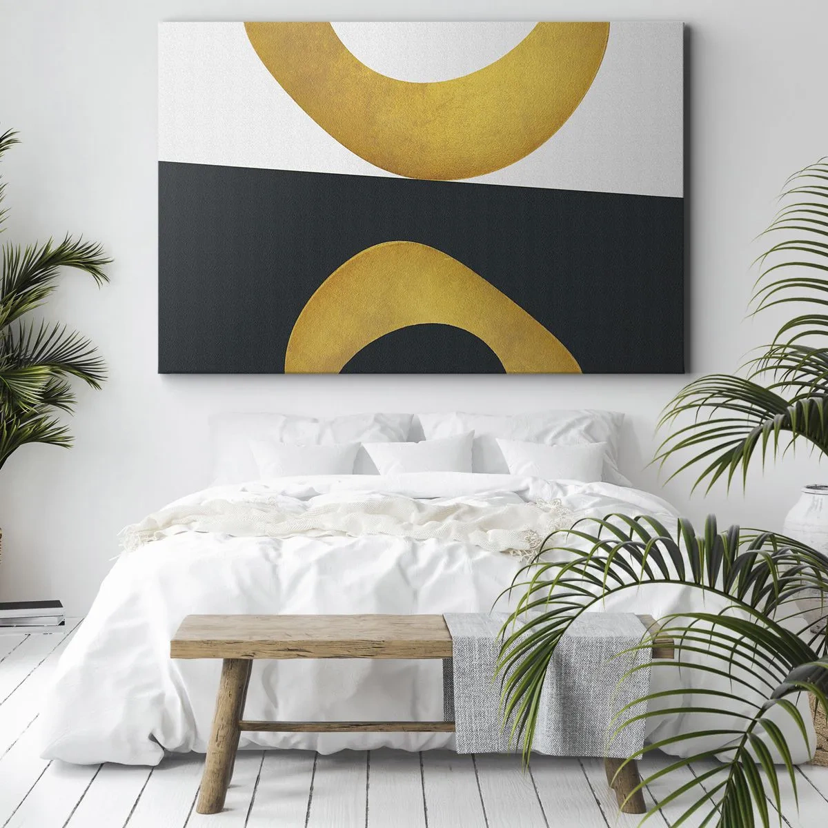 Cuadro sobre lienzo - Impresión de Imagen - Formas geométricas en dorado sobre fondo blanco y oscuro. - 70x50cm - Blanco, negro, dorado - Decoración de pared moderna para salón y dormitorio ARTTOR
