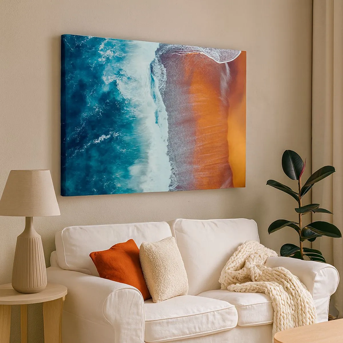 Cuadro sobre lienzo - Impresión de Imagen - Una vista de las olas del océano rompiendo en la playa dorada. - 70x50cm - Un toque de océano - Decoración de pared moderna para salón y dormitorio ARTTOR
