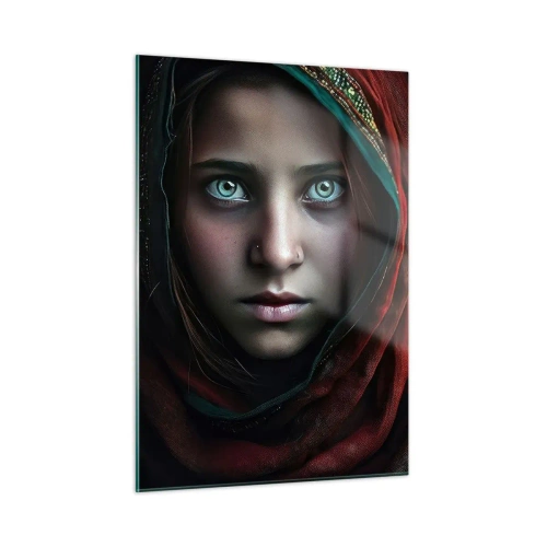 Cuadro sobre vidrio - Impresiones sobre Vidrio - Retrato de una mujer con un pañuelo rojo sobre un fondo oscuro. - 50x70cm - Princesa del Este - Decoración de pared moderna para salón y dormitorio ARTTOR