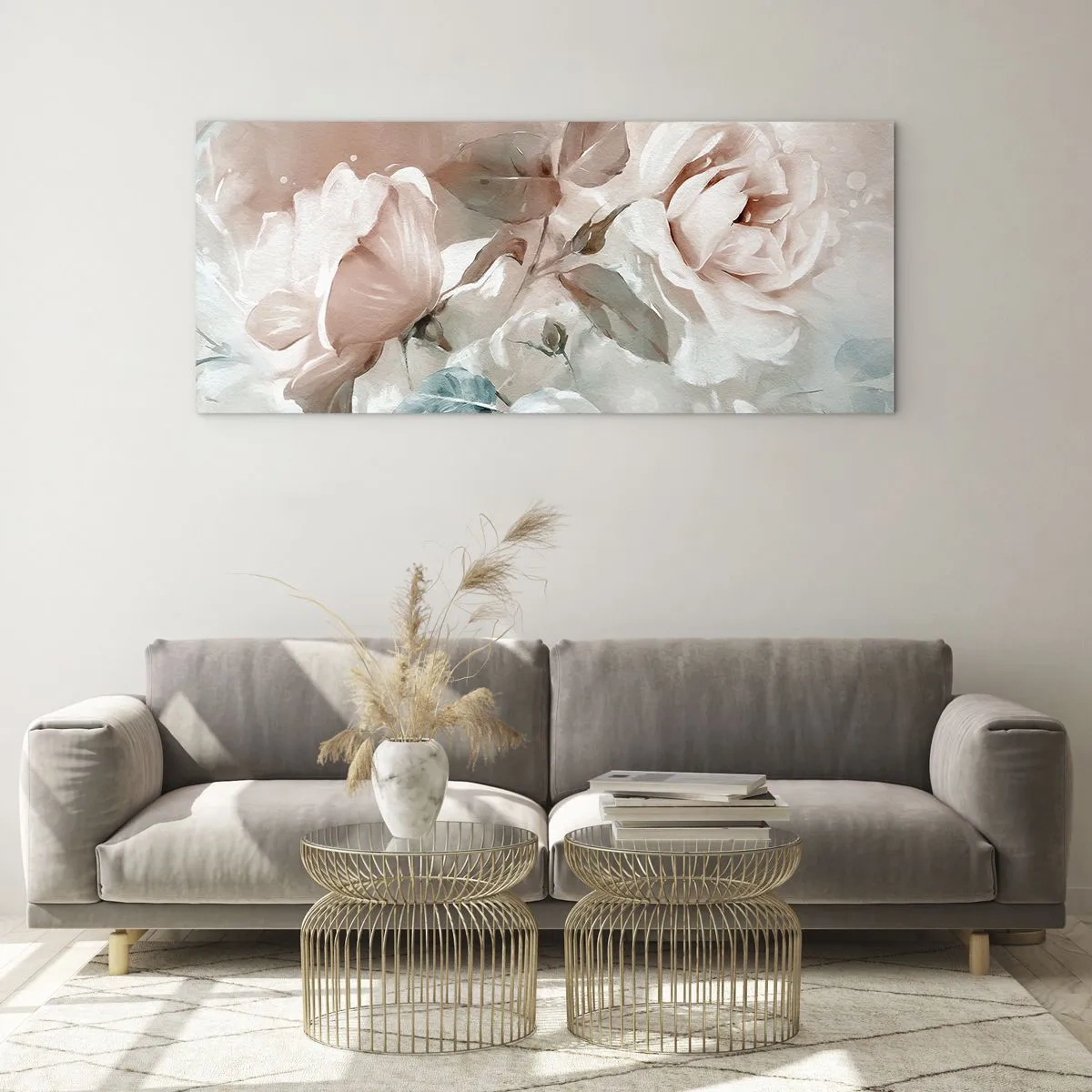 Cuadro sobre vidrio - Impresiones sobre Vidrio - Delicadas rosas en tonos pastel sobre un fondo claro. - 140x50cm - El espíritu del romanticismo - Decoración de pared moderna para salón y dormitorio ARTTOR