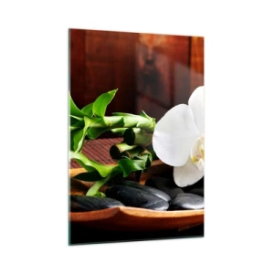 Cuadro sobre vidrio - Impresiones sobre Vidrio - Orquídea blanca sobre piedras negras y bambú en un cuenco de madera. - 50x70cm - Ríndete al tacto de la naturaleza - Decoración de pared moderna para salón y dormitorio ARTTOR